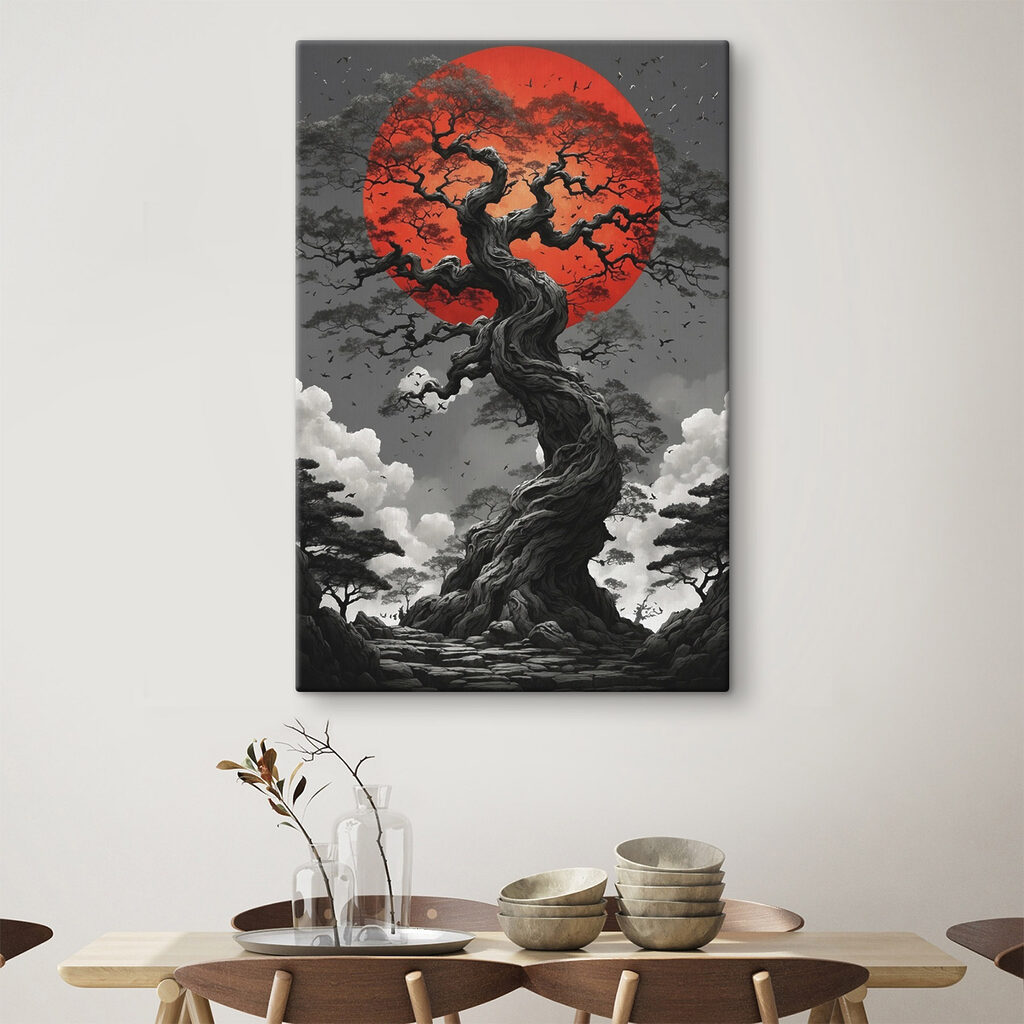 Tree with a red sun behind it