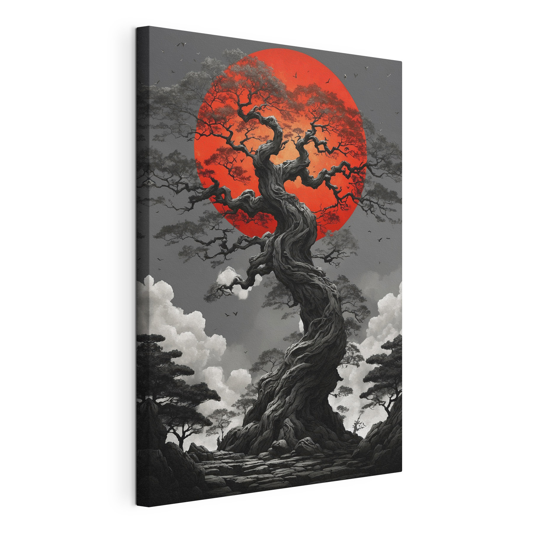 Tree with a red sun behind it
