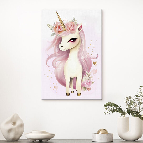 Wandbilder Einhorn mit rosa Haaren und Blumen