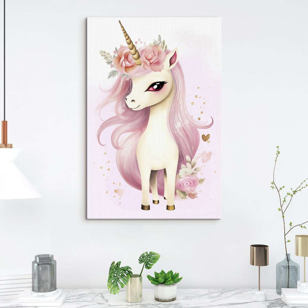Unicorn with pink hair and flowers