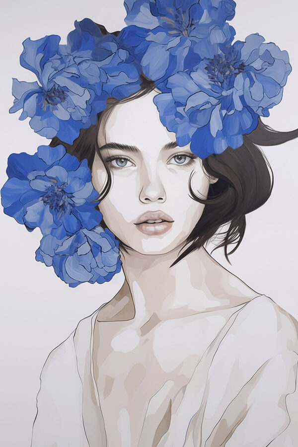 Woman with blue flowers on her head