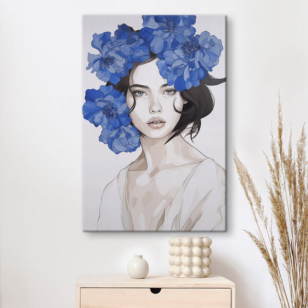 Woman with blue flowers on her head