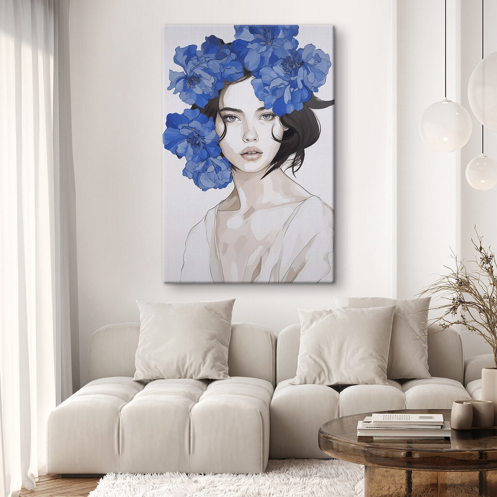 Woman with blue flowers on her head