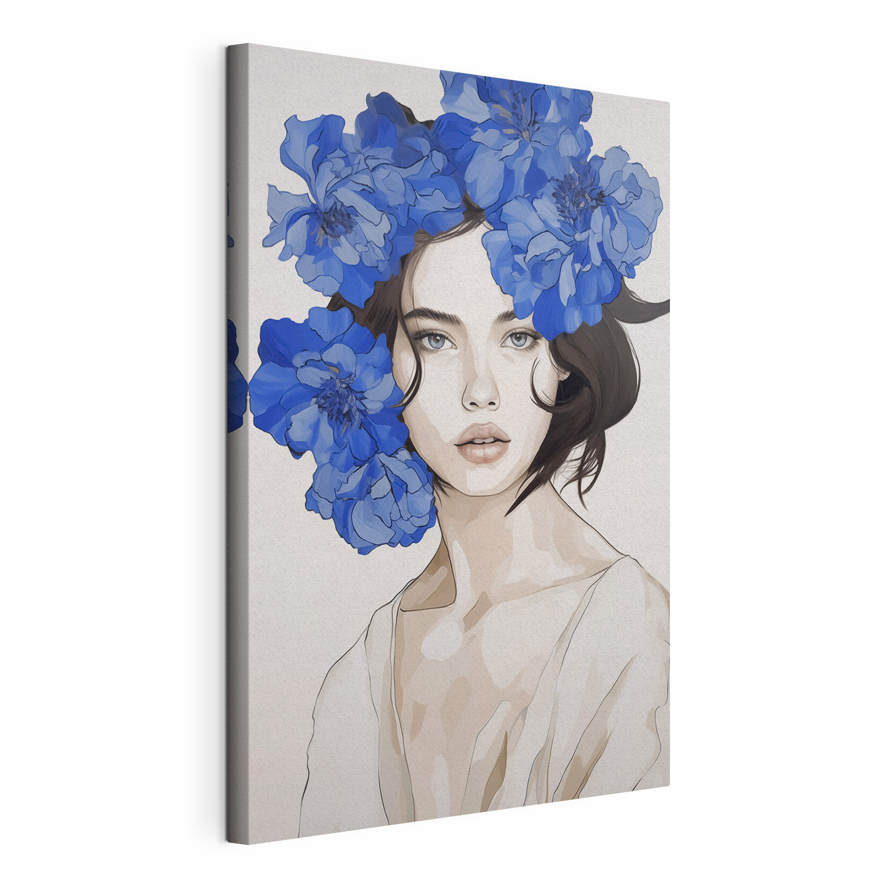 Woman with blue flowers on her head
