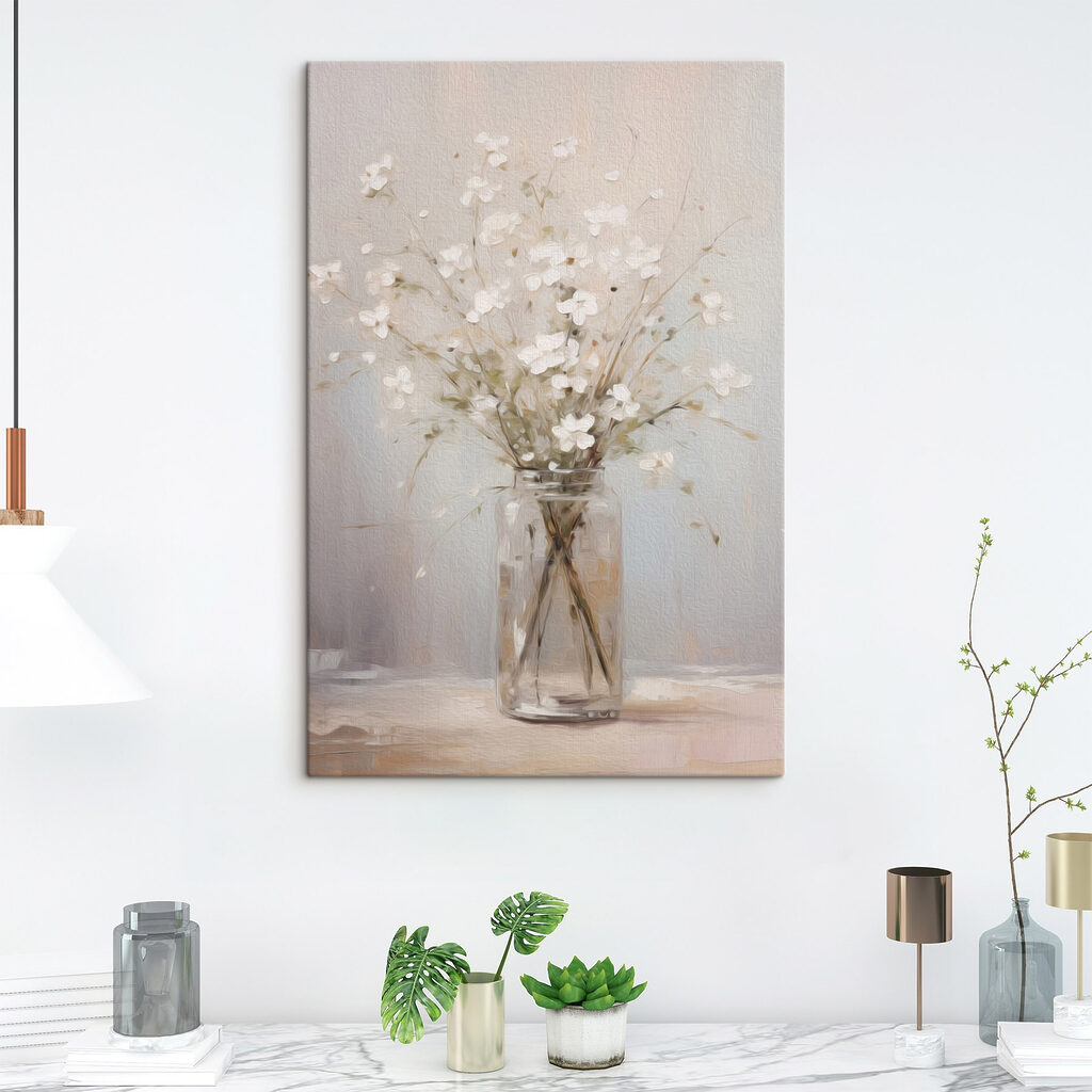 Painting of a vase with white flowers Painting of a vase with white flowers