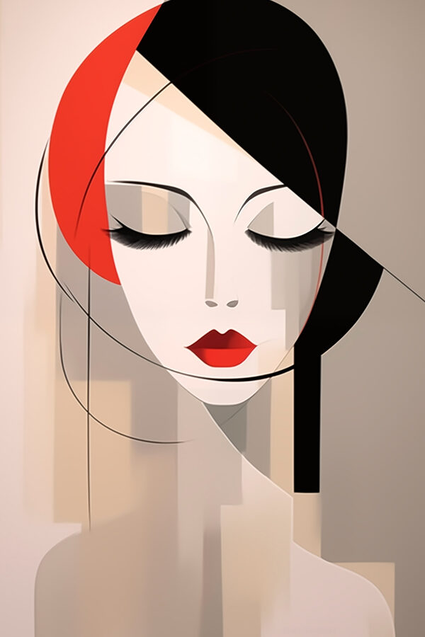 Woman's face with red lips and black hair