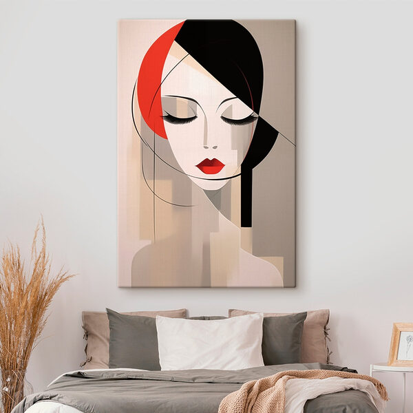 Woman's face with red lips and black hair