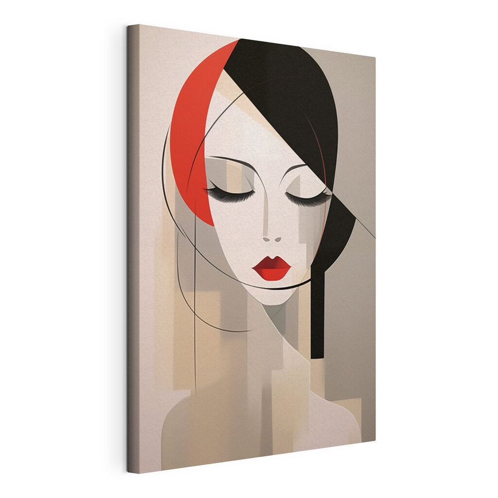 Woman's face with red lips and black hair