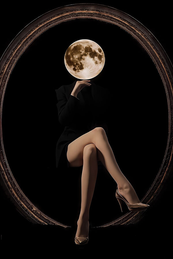 Woman sitting in a chair with a moon in her face Woman sitting in a chair with a moon in her face