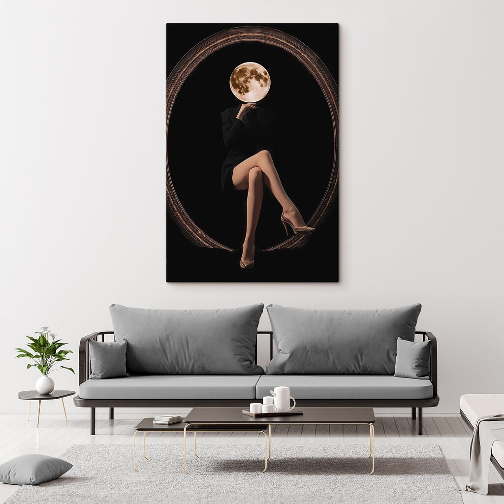 Woman sitting in a chair with a moon in her face Woman sitting in a chair with a moon in her face