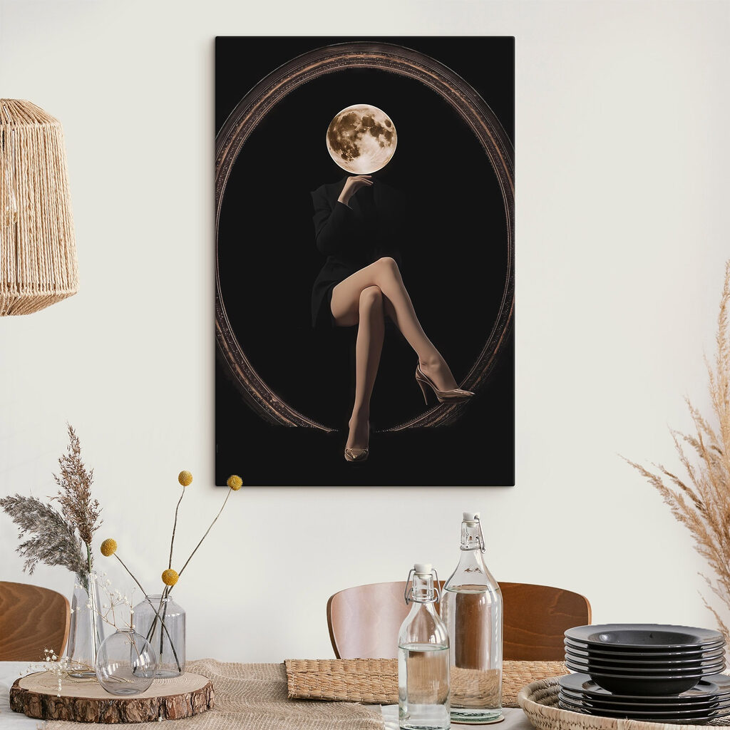 Woman sitting in a chair with a moon in her face Woman sitting in a chair with a moon in her face