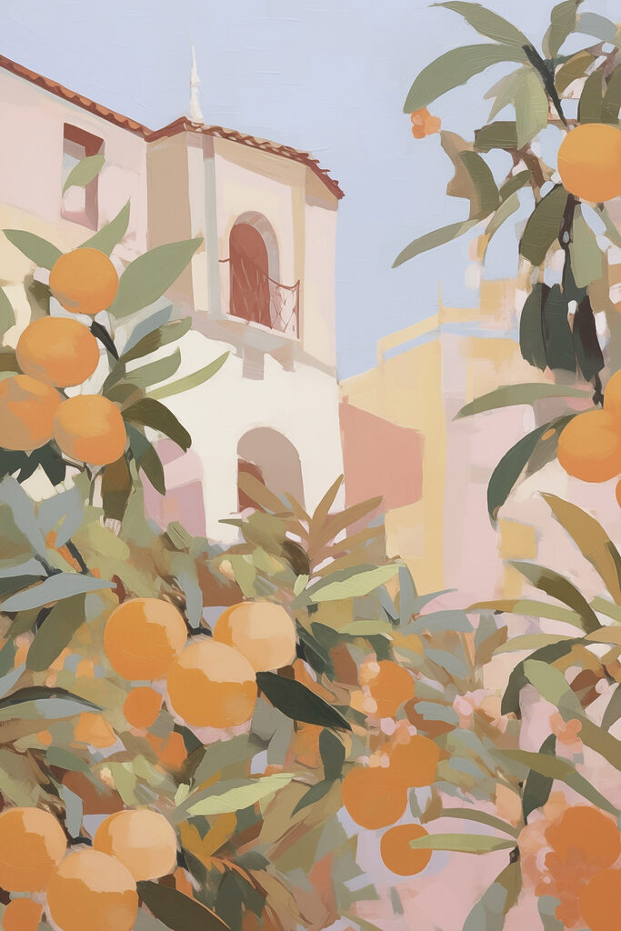 Oranges growing on a tree with buildings in the background Oranges growing on a tree with buildings in the background