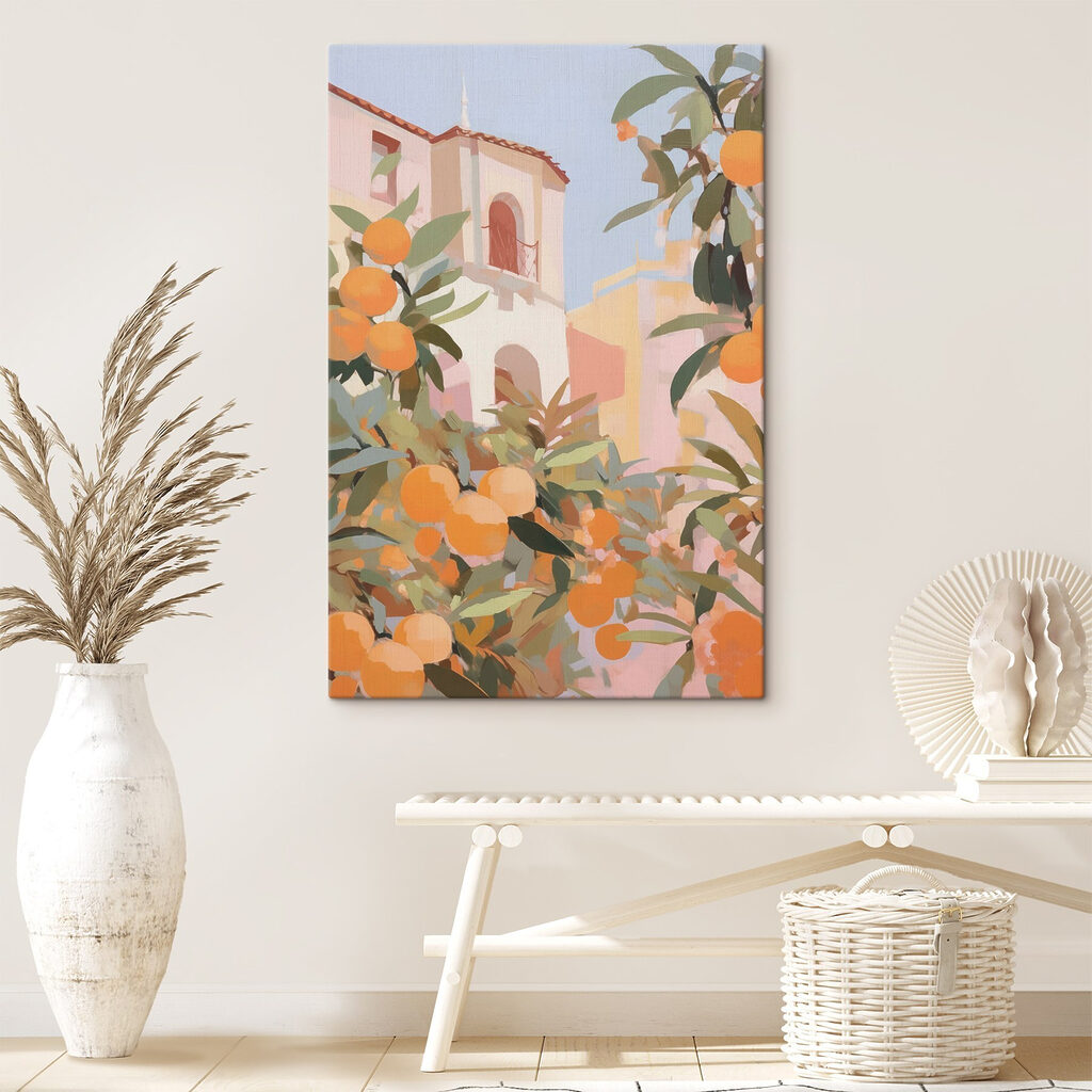 Oranges growing on a tree with buildings in the background Oranges growing on a tree with buildings in the background