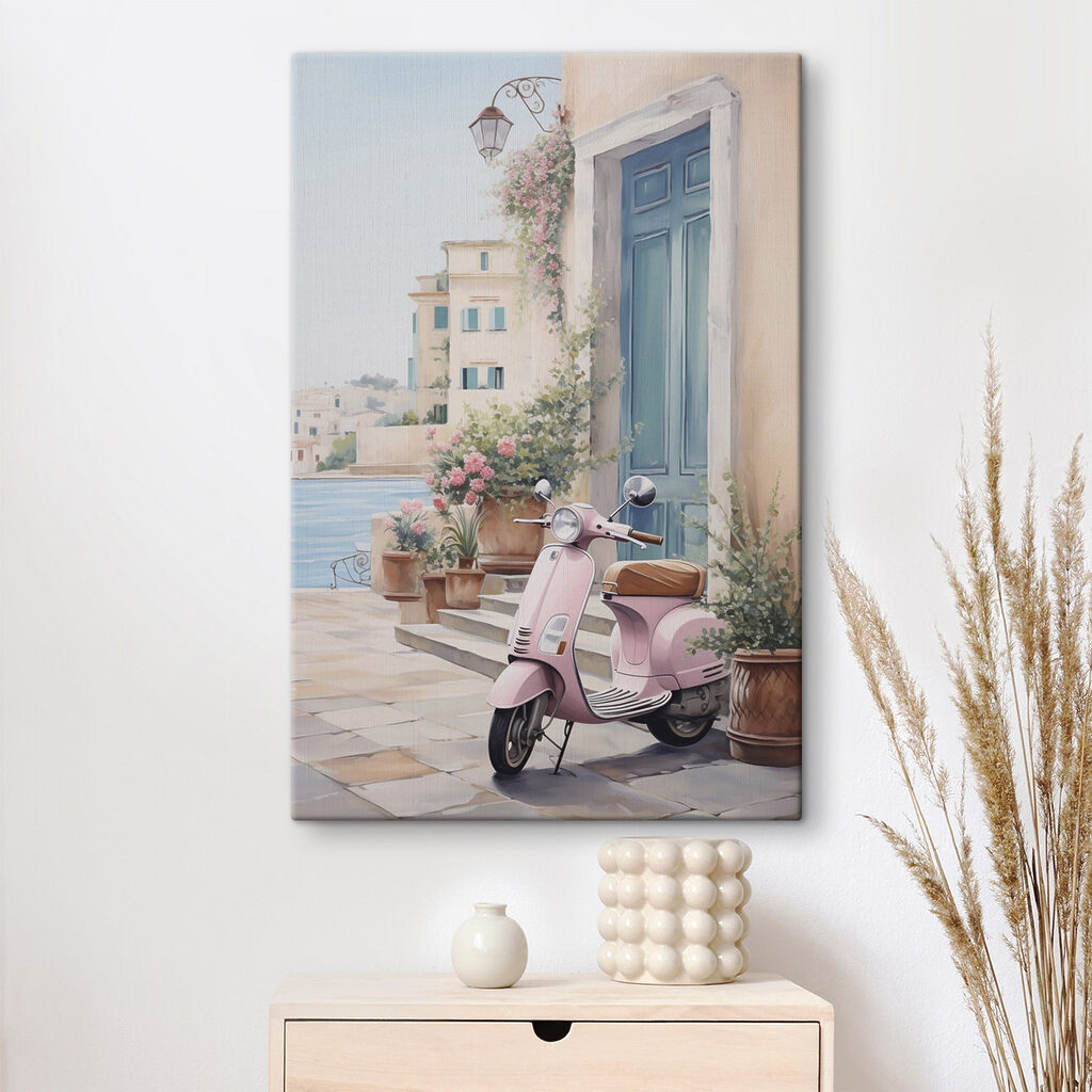 Pink scooter parked on a stone sidewalk next to a door Pink scooter parked on a stone sidewalk next to a door
