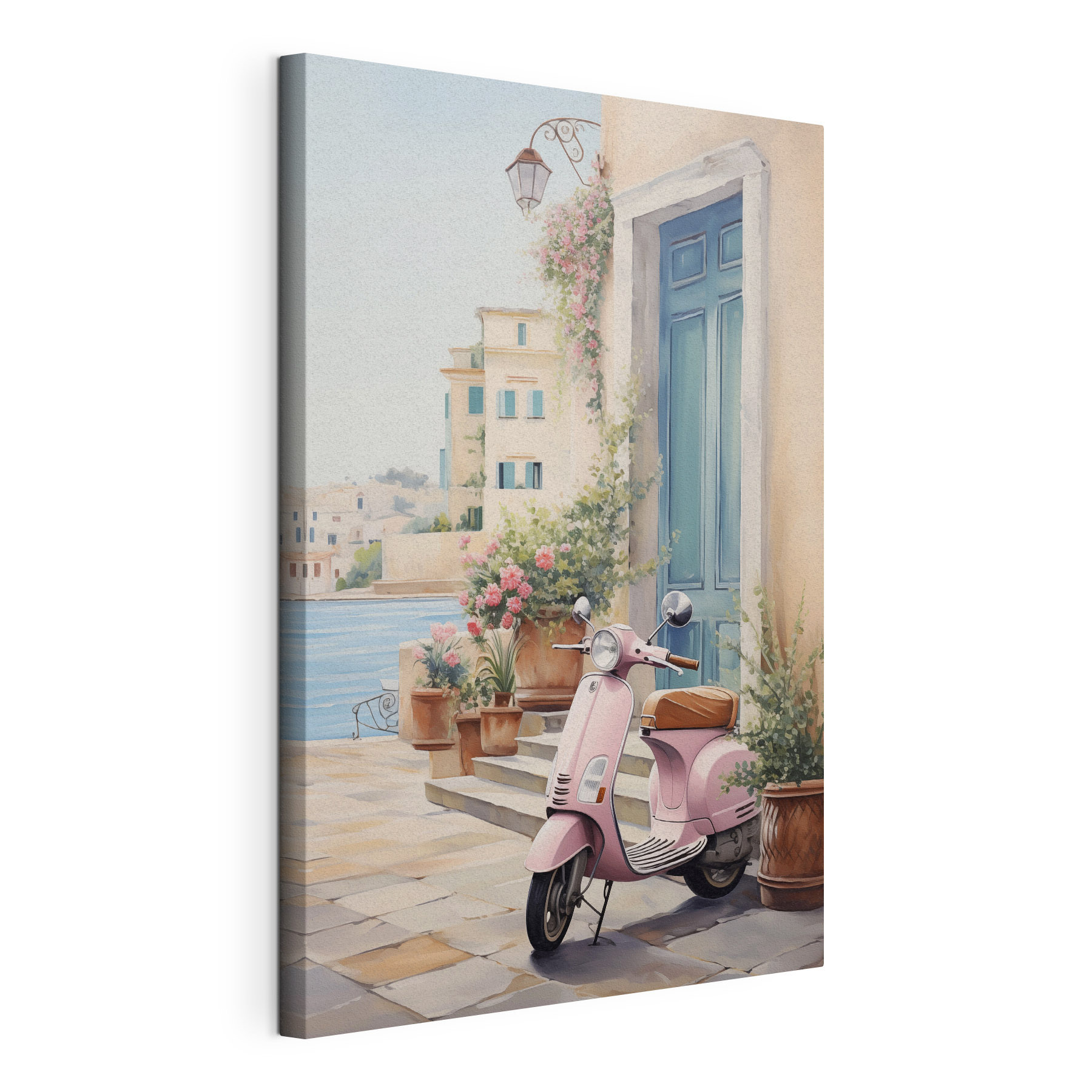 Pink scooter parked on a stone sidewalk next to a door Pink scooter parked on a stone sidewalk next to a door