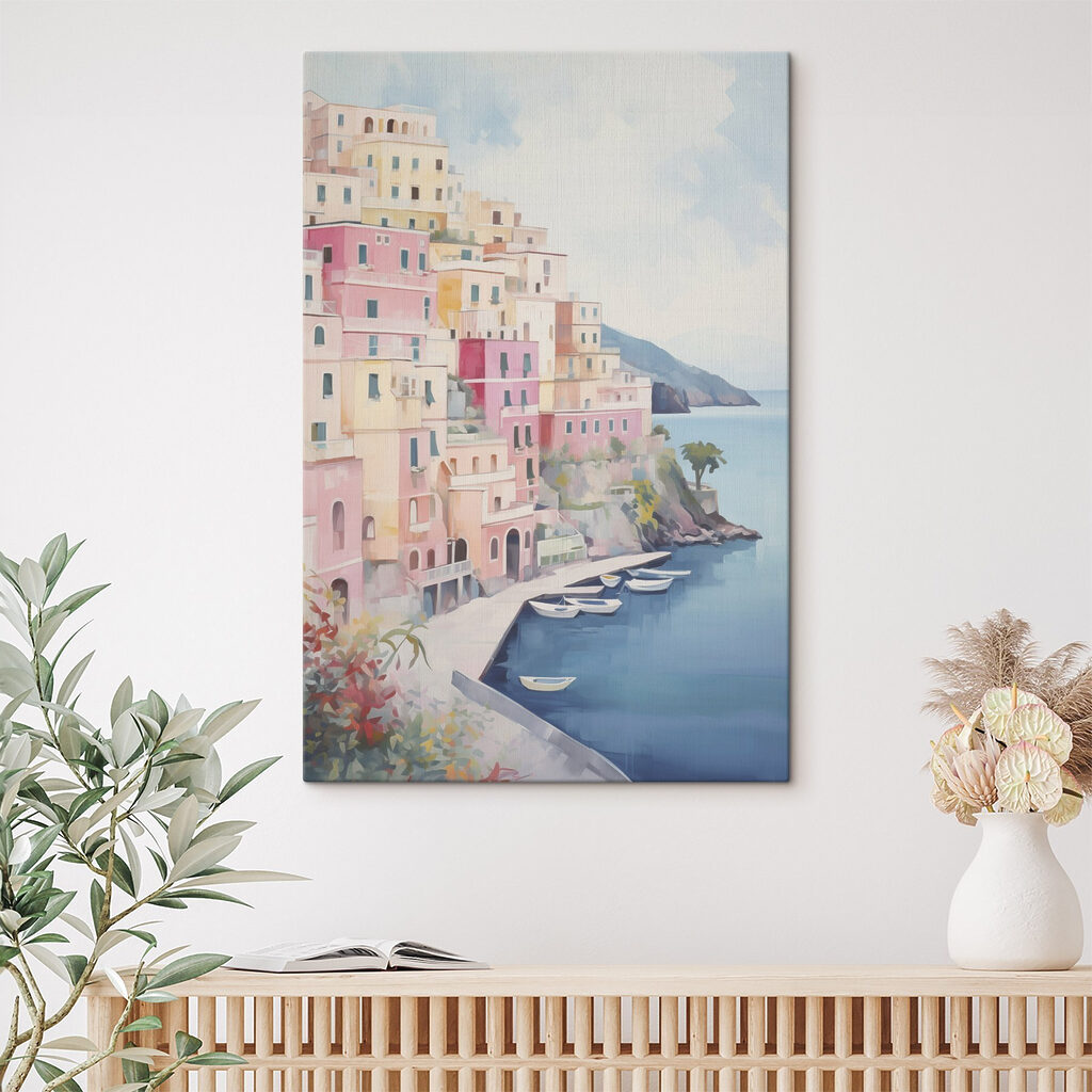 Painting of a colorful building on a hill next to a body of water Painting of a colorful building on a hill next to a body of water