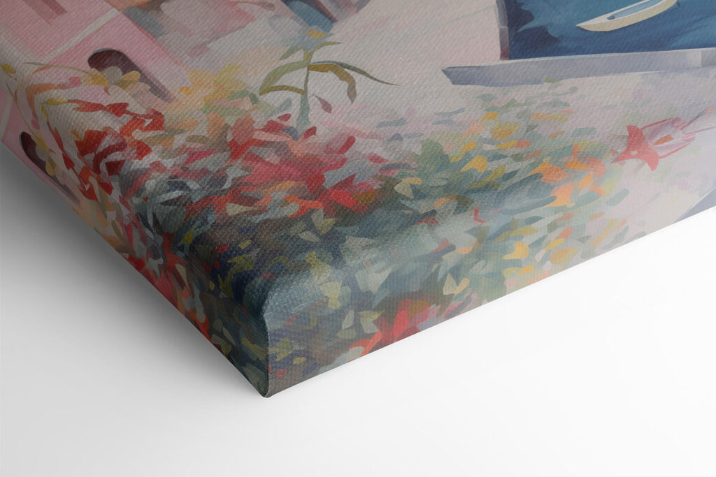 Painting of a colorful building on a hill next to a body of water Painting of a colorful building on a hill next to a body of water