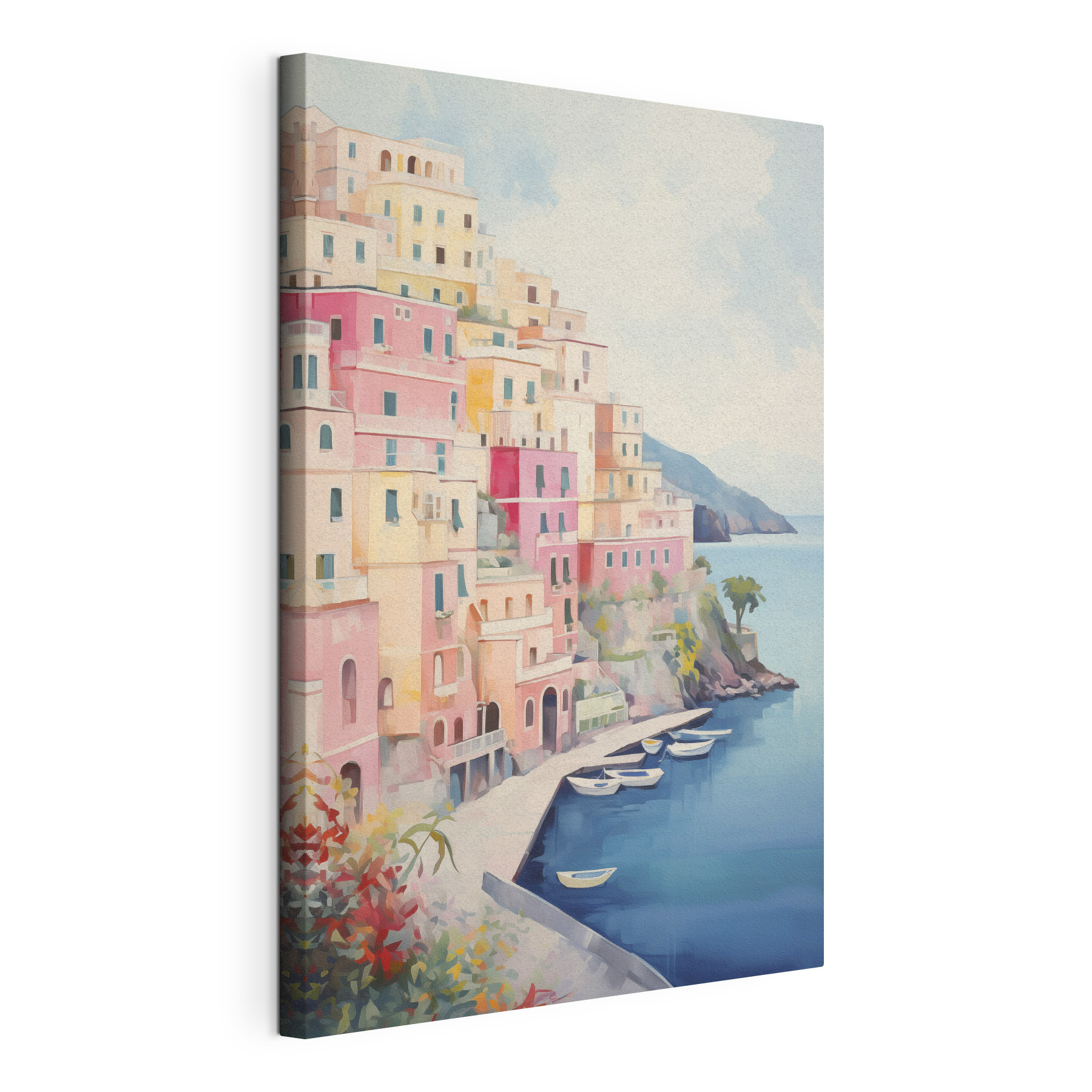 Painting of a colorful building on a hill next to a body of water Painting of a colorful building on a hill next to a body of water