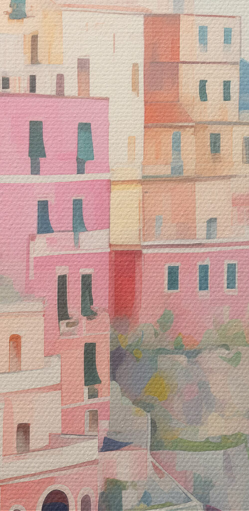 Painting of a colorful building on a hill next to a body of water Painting of a colorful building on a hill next to a body of water