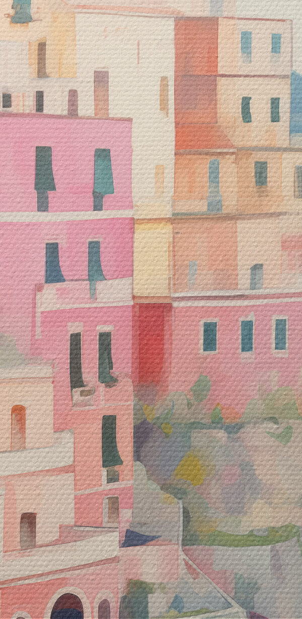 Painting of a colorful building on a hill next to a body of water Painting of a colorful building on a hill next to a body of water