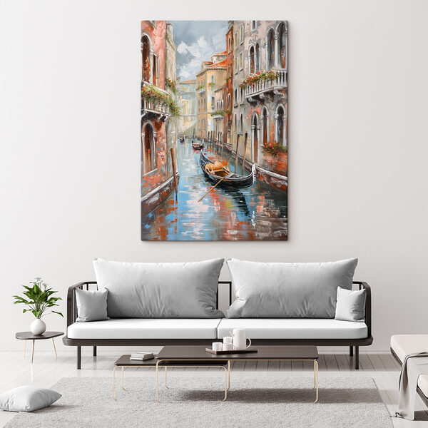 Painting of a canal with a gondola in the middle of a city Painting of a canal with a gondola in the middle of a city