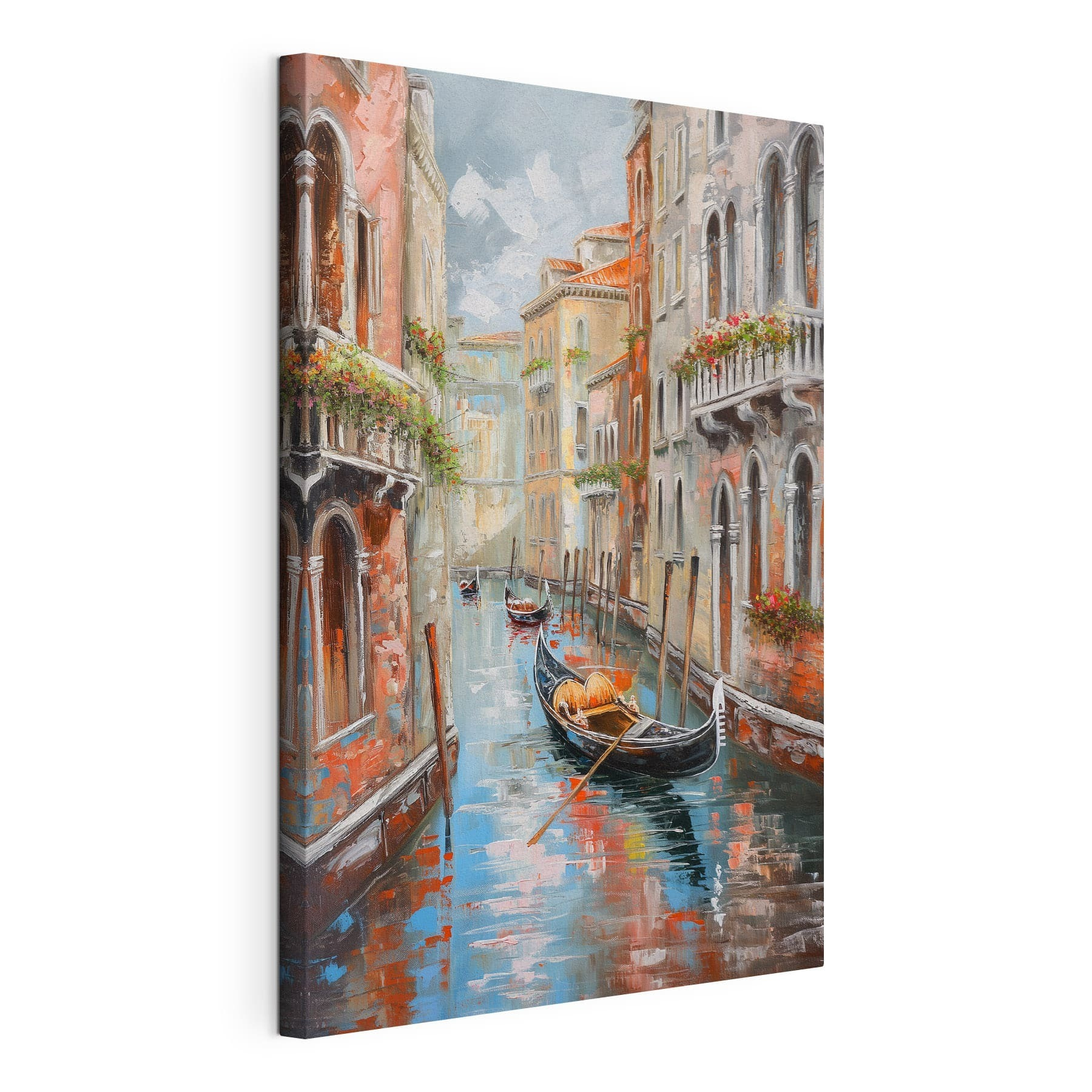 Painting of a canal with a gondola in the middle of a city Painting of a canal with a gondola in the middle of a city