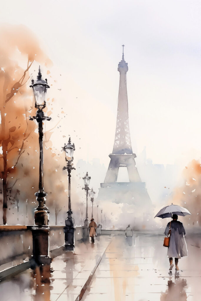 Watercolor painting of a person holding an umbrella in front of a tower