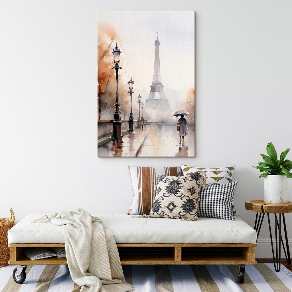 Watercolor painting of a person holding an umbrella in front of a tower