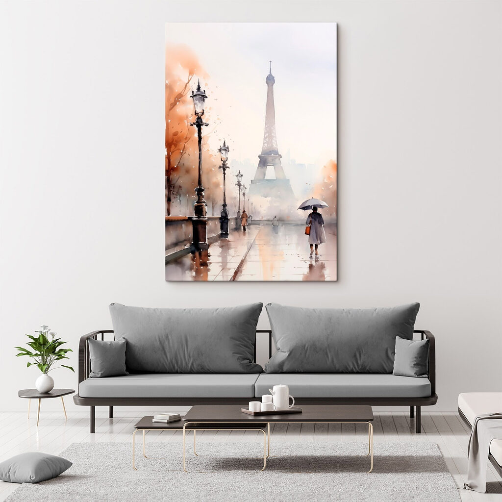 Watercolor painting of a person holding an umbrella in front of a tower