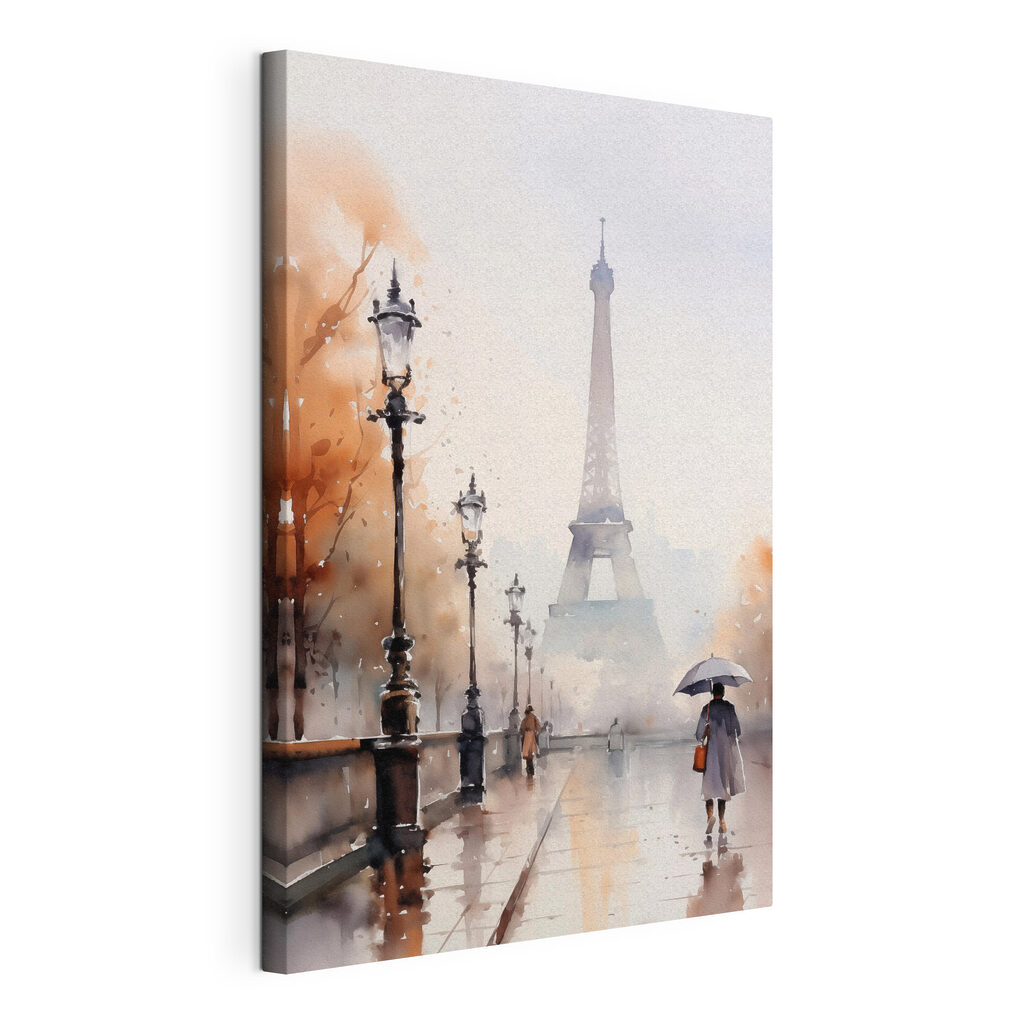 Watercolor painting of a person holding an umbrella in front of a tower