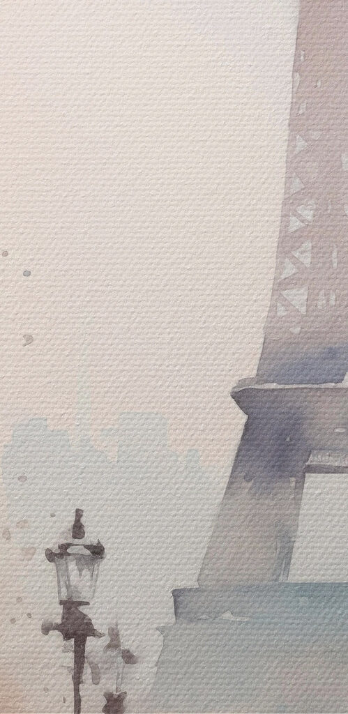 Watercolor painting of a person holding an umbrella in front of a tower