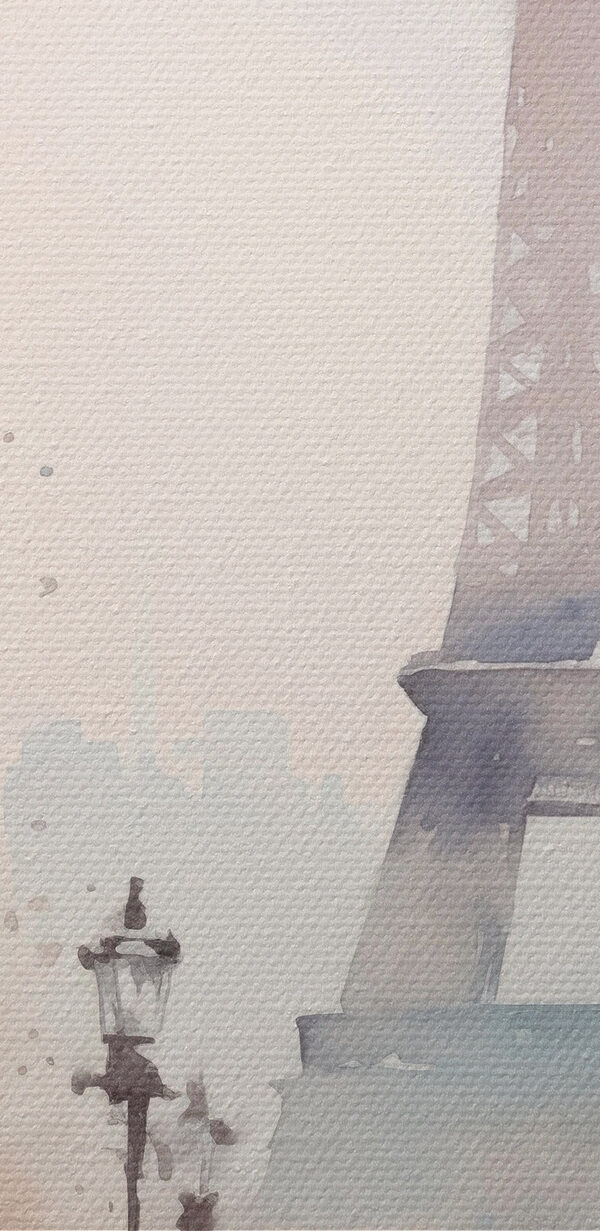 Watercolor painting of a person holding an umbrella in front of a tower