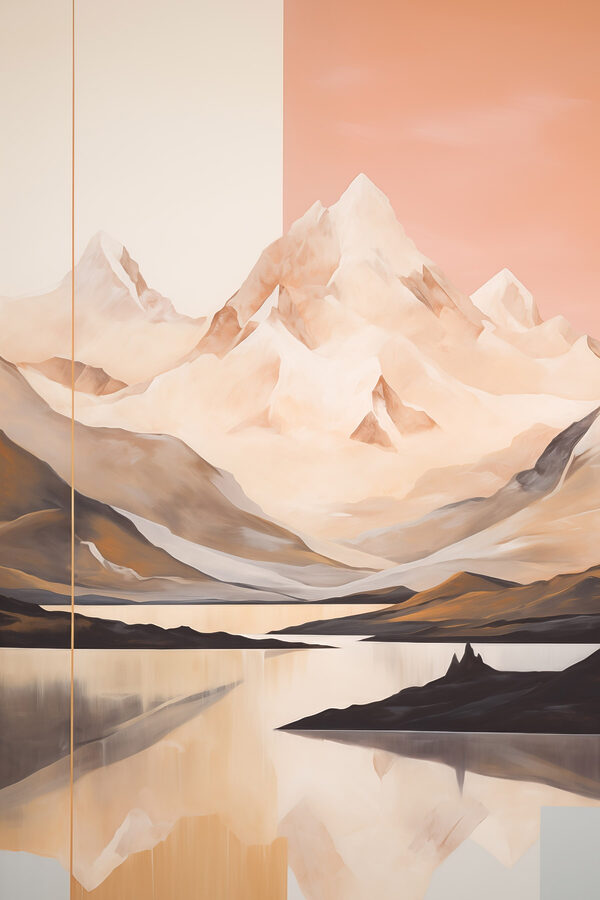 Painting of a mountain range and a lake Painting of a mountain range and a lake