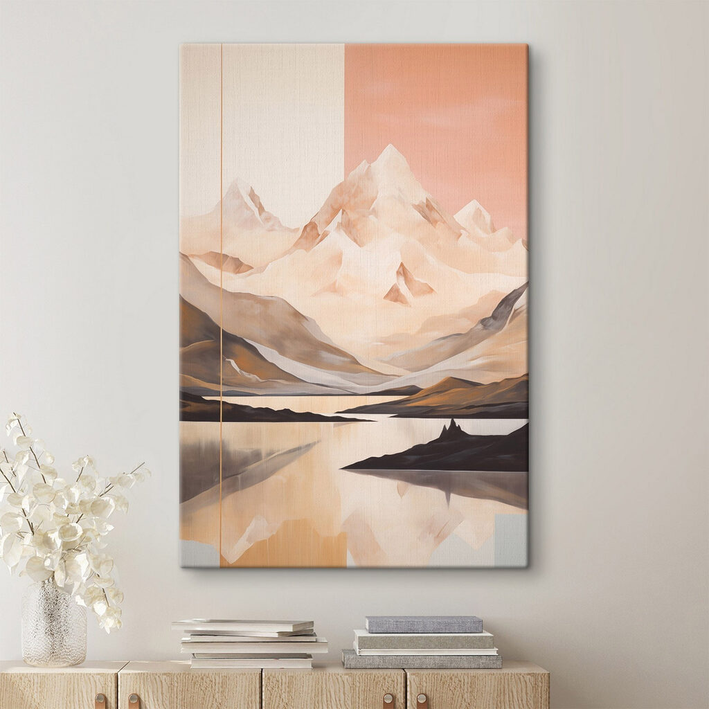 Painting of a mountain range and a lake Painting of a mountain range and a lake