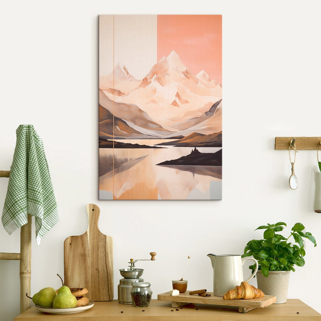 Painting of a mountain range and a lake Painting of a mountain range and a lake