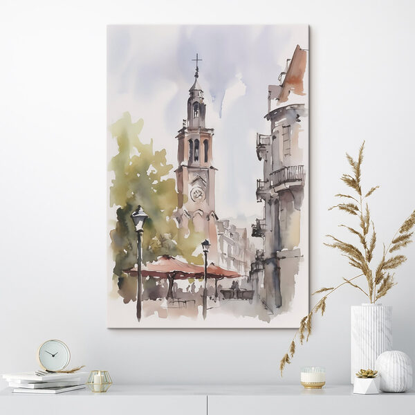 Watercolor of a building with a clock tower Watercolor of a building with a clock tower