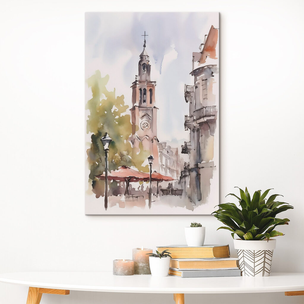 Watercolor of a building with a clock tower Watercolor of a building with a clock tower
