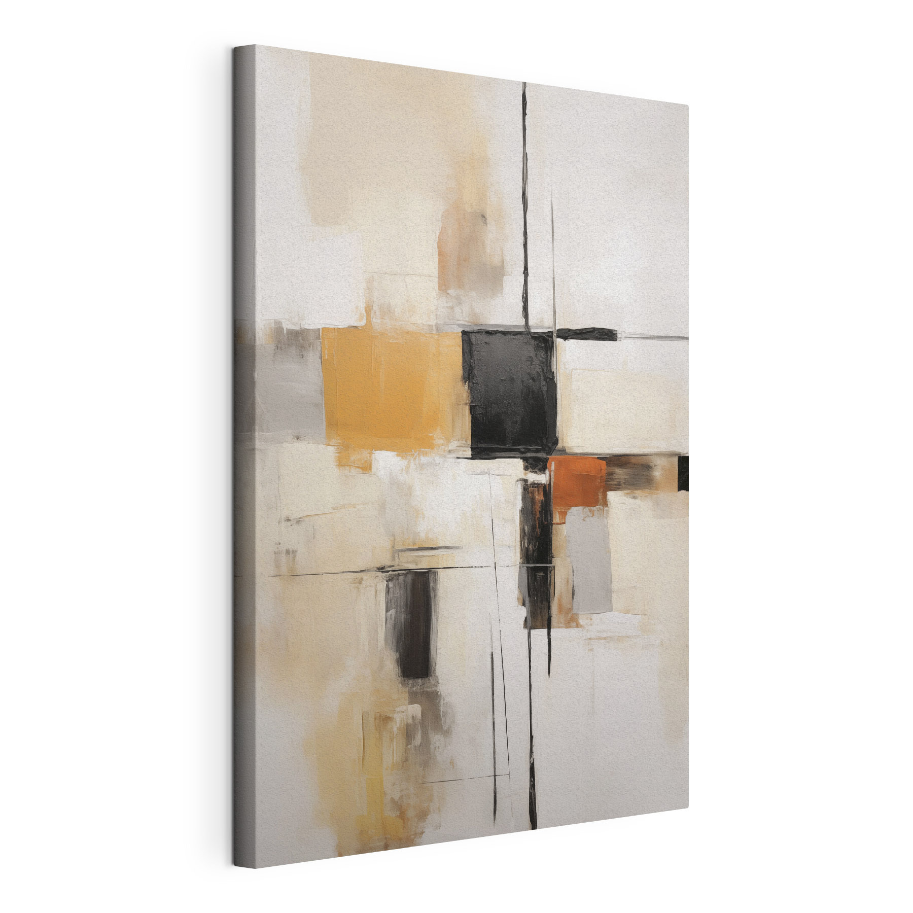 Painting of a white wall with black squares and brown squares