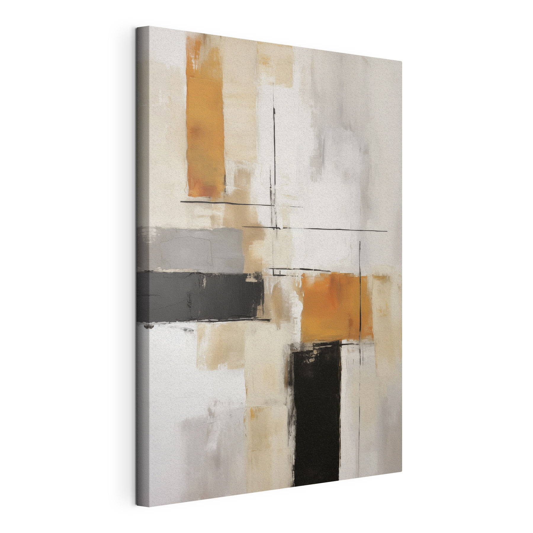 Painting of a white wall with black and brown squares Painting of a white wall with black and brown squares