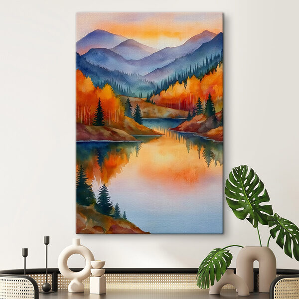 Watercolor painting of a lake surrounded by trees Watercolor painting of a lake surrounded by trees