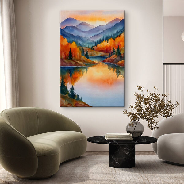 Watercolor painting of a lake surrounded by trees Watercolor painting of a lake surrounded by trees