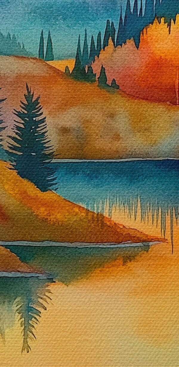 Watercolor painting of a lake surrounded by trees Watercolor painting of a lake surrounded by trees