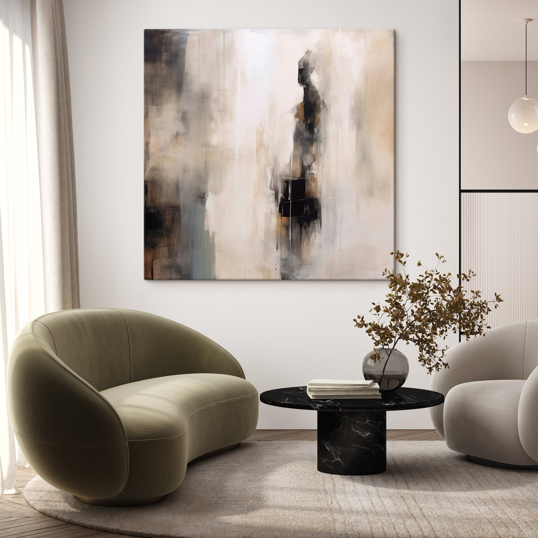 Painting of a person in a white and black suit