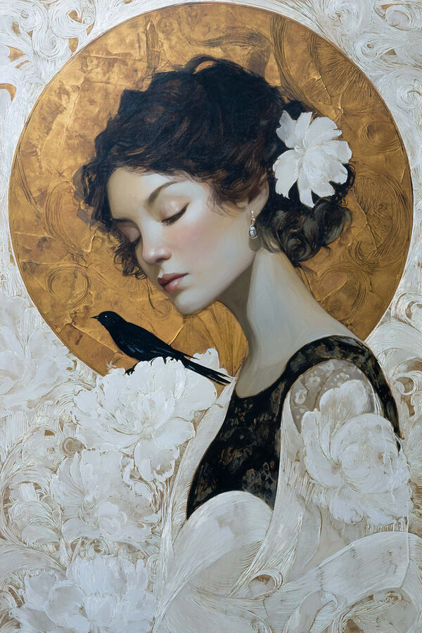 Painting of a woman with a bird on her shoulder