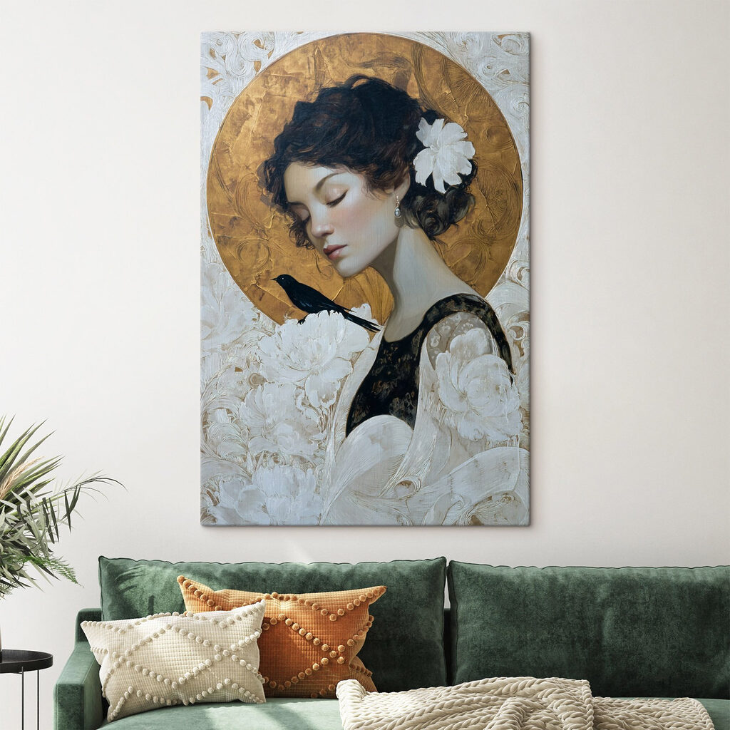Painting of a woman with a bird on her shoulder
