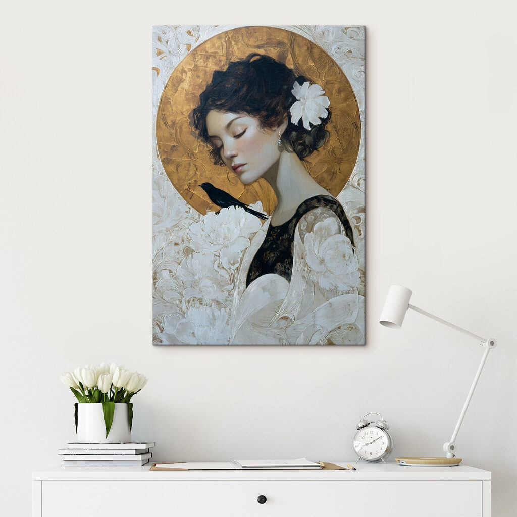 Painting of a woman with a bird on her shoulder