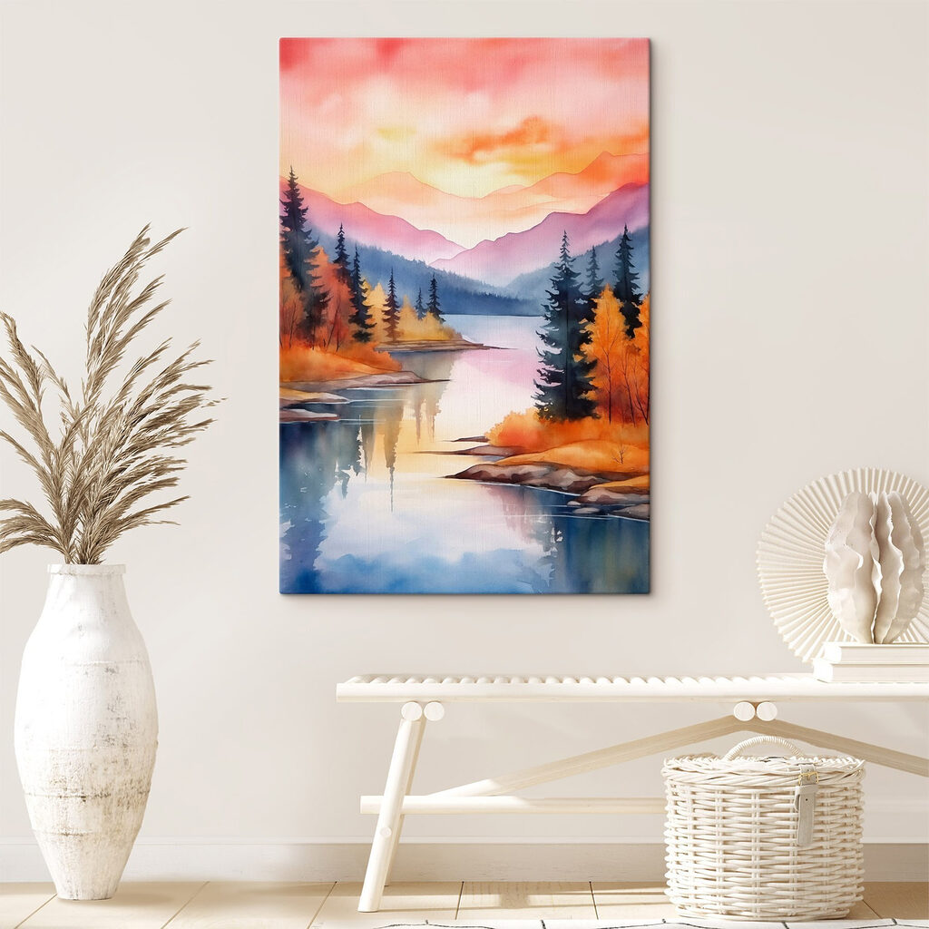 Watercolor painting of a lake surrounded by trees and mountains Watercolor painting of a lake surrounded by trees and mountains