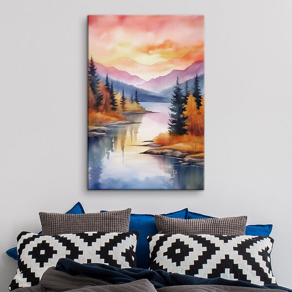 Watercolor painting of a lake surrounded by trees and mountains Watercolor painting of a lake surrounded by trees and mountains