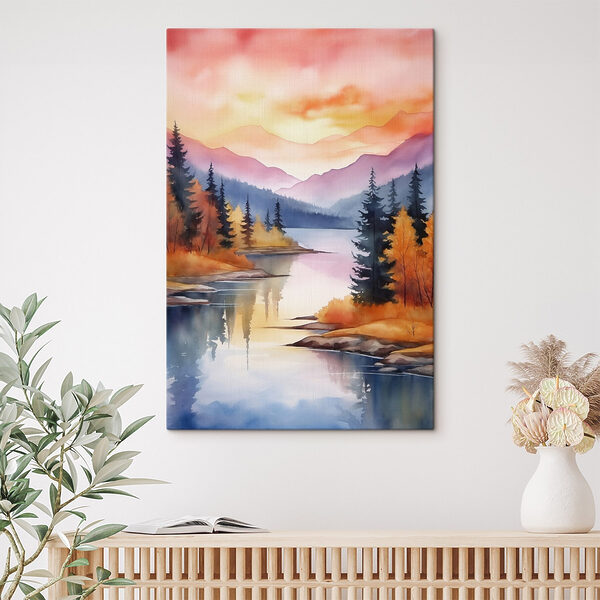 Watercolor painting of a lake surrounded by trees and mountains Watercolor painting of a lake surrounded by trees and mountains