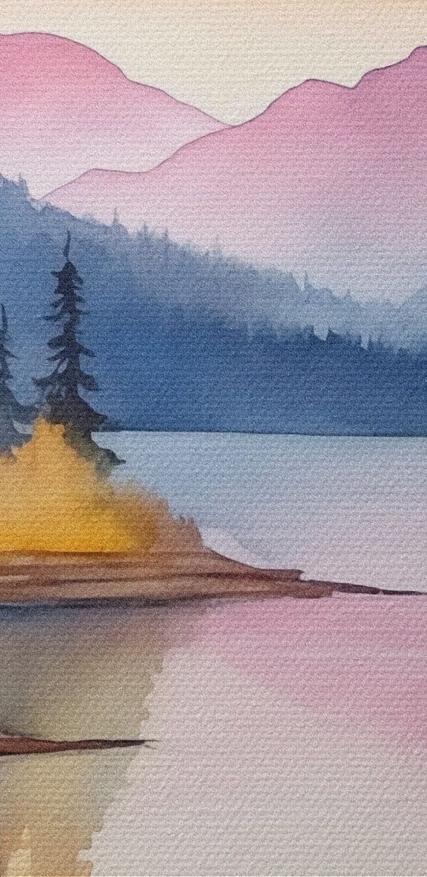 Watercolor painting of a lake surrounded by trees and mountains Watercolor painting of a lake surrounded by trees and mountains